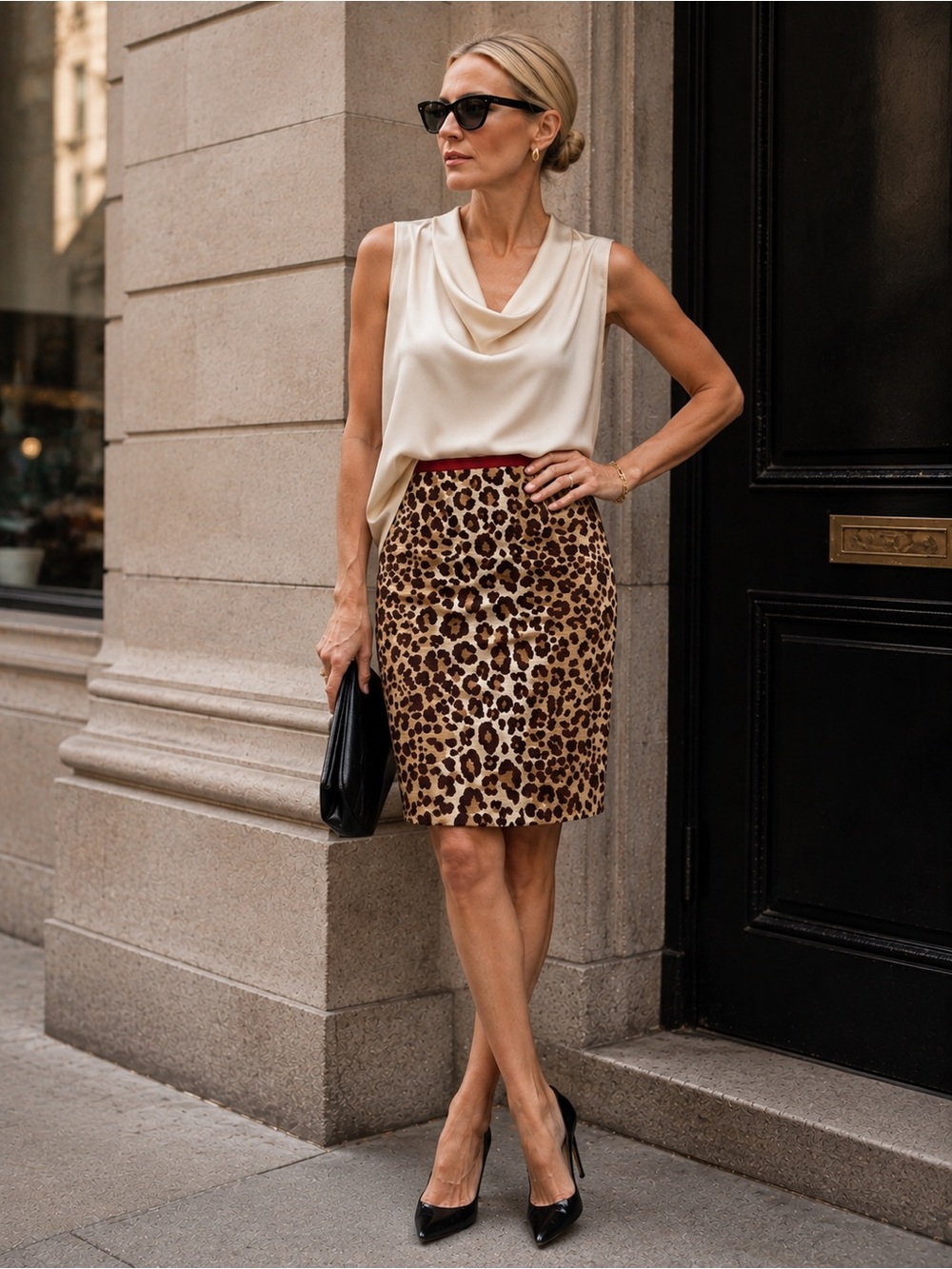 Moschino Leopard Print Pencil Skirt in Brown Tan/Khaki With Red Accent Size 6 US